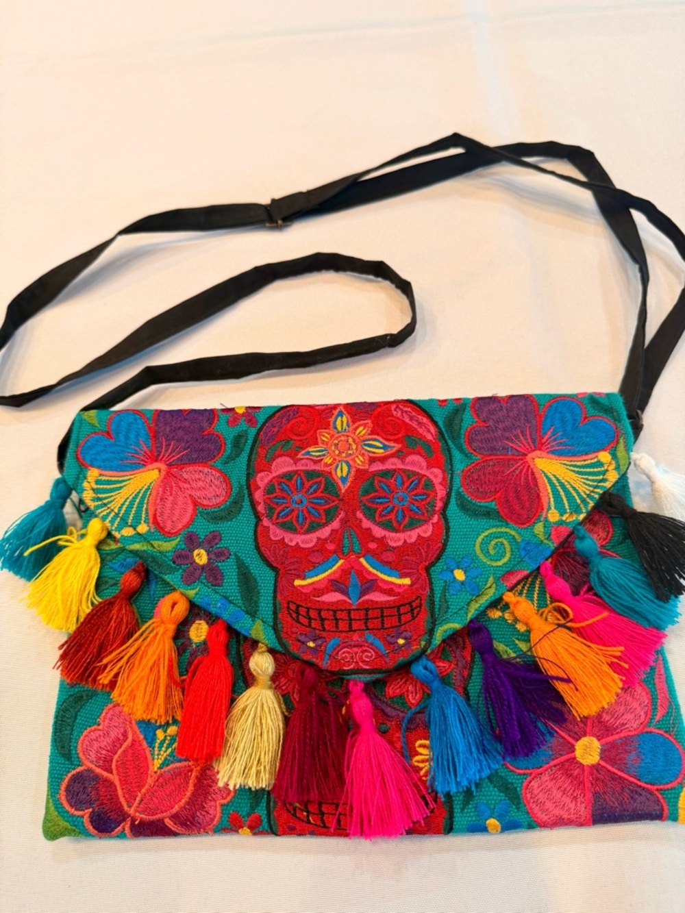 Mexican Floral Skull Embroidered Colorful Envelope Clutch Purse with Tassels